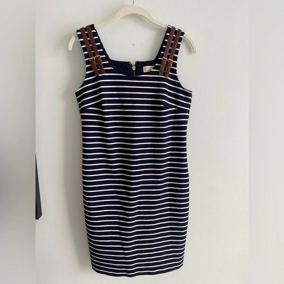 MICHAEL Kors  Coastal Navy White Striped Dress Leather Gold Buckles Small - Picture 13 of 15